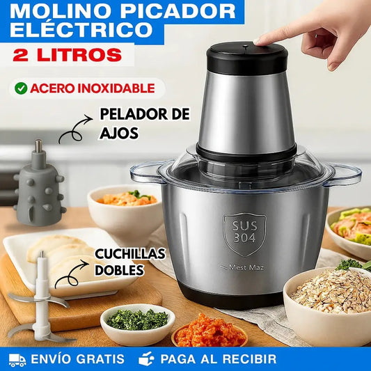 Picadora Eléctrica de Alimentos 2L + Pelador de Ajos (Incluido)