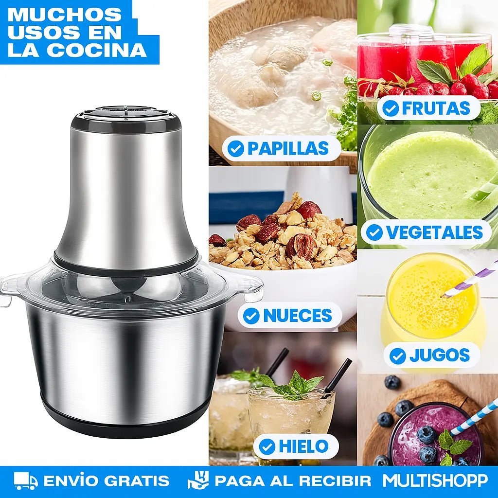 Picadora Eléctrica de Alimentos 2L + Pelador de Ajos (Incluido)