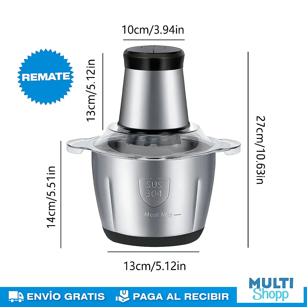 Picadora Eléctrica de Alimentos 2L + Pelador de Ajos (Incluido)